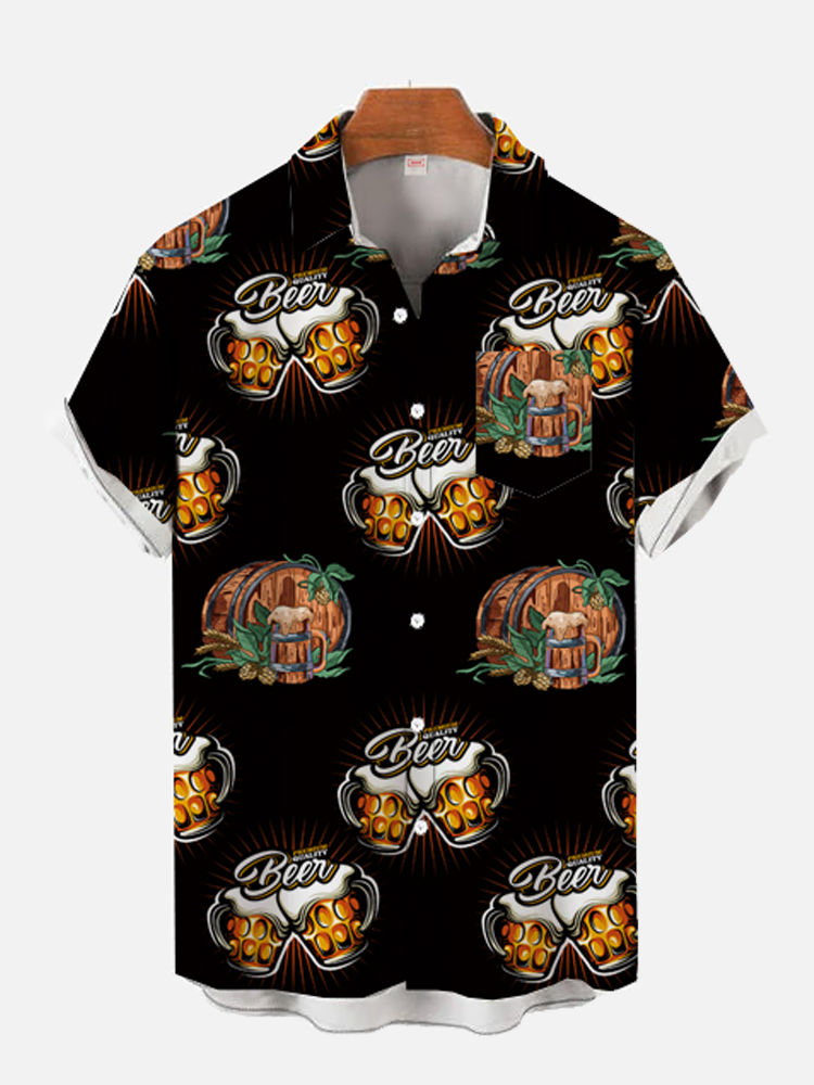 Cycle-Print Wooden Barrel Craft And Beer Printing Men's Short Sleeve Shirt