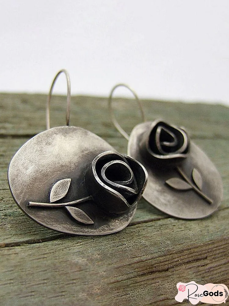 Vintage Boho Asymmetric Leaf Rose Flower Earrings