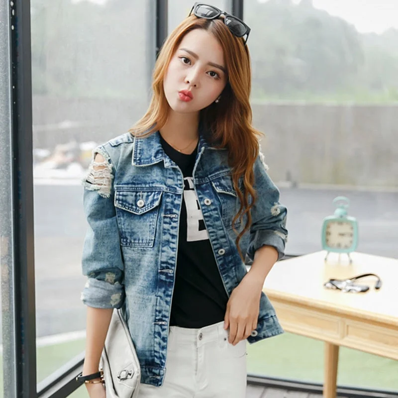 New Vintage Print Women Jean Jacket Ripped Hole Long Sleeve Denim Jacket Bomber Jackets Casual Spring Autumn Short Jaqueta Jeans