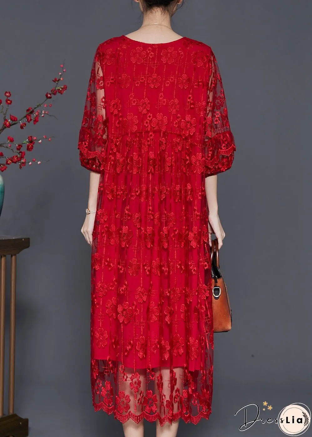 Red Hollow Out Tulle Holiday Dresses Embroidered Bracelet Sleeve