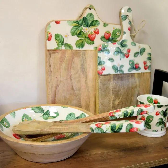 Enamel Printed Mango Wood Serving Spoon and Fork Set- Strawberry Patch