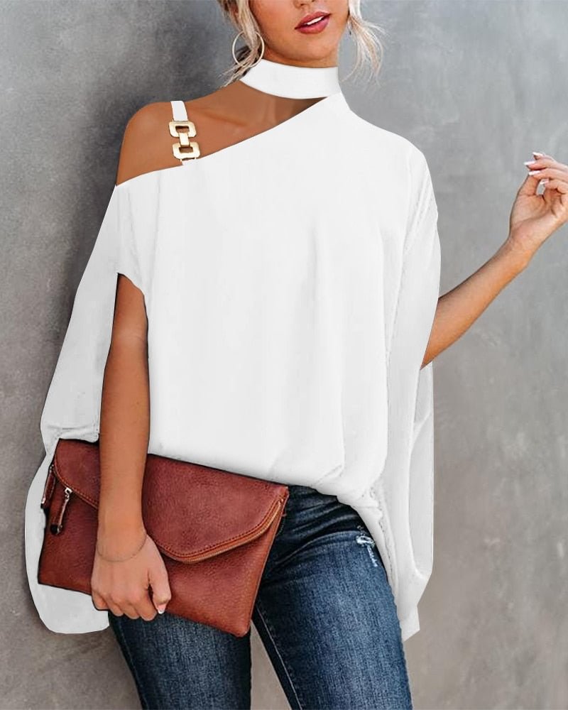 2022 Women Chain Strap Cold Shoulder Cape Design Top Fashion Spring Summer Asymmetrical Long Sleeve Boho T-Shirts Casual Blouse