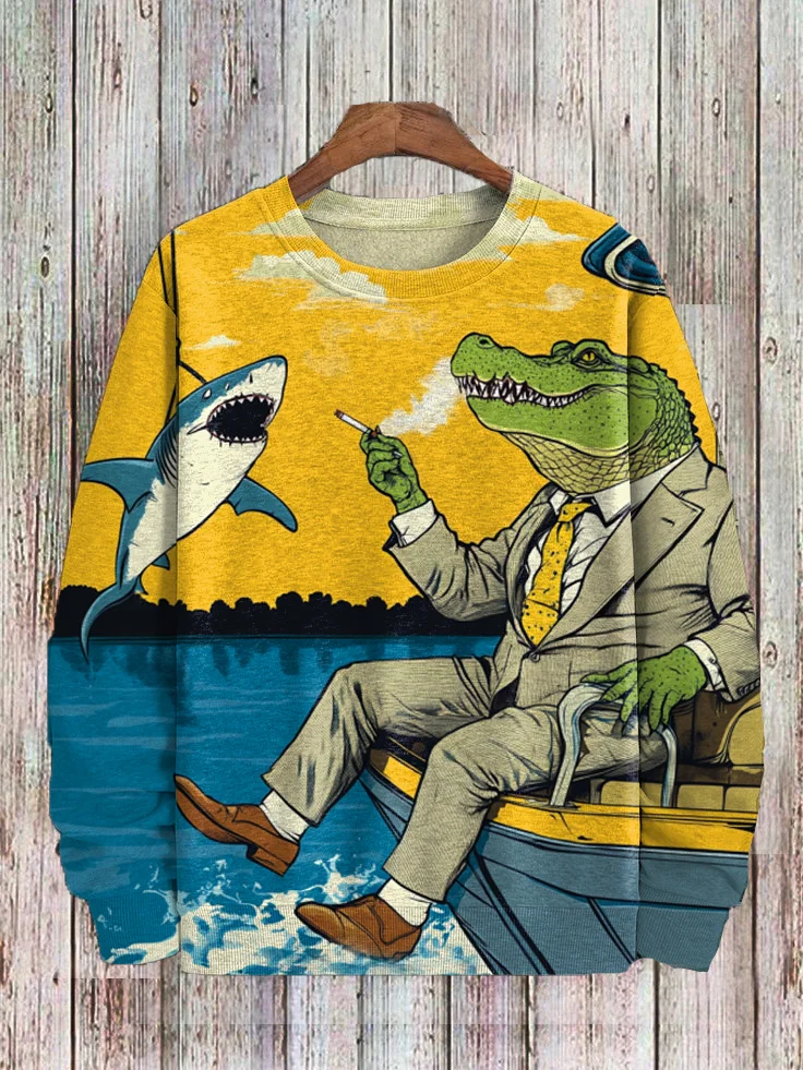 Men's Funny Art Crocodile Gentleman Shark Print Casual Sweatshirt
