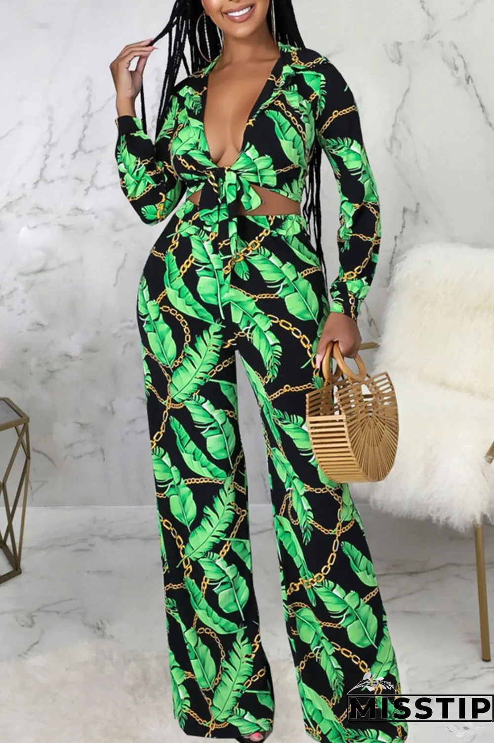 Cyan Casual Print Bandage Patchwork Turn-back Collar Long Sleeve Two Pieces