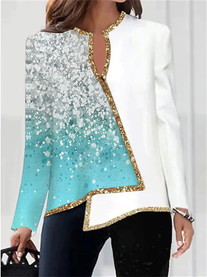 3D Digital Printing Gradient Pink Women's V-Neck Asymmetric Hem Long Sleeve T Loose Pullover Shirt | 168DEAL