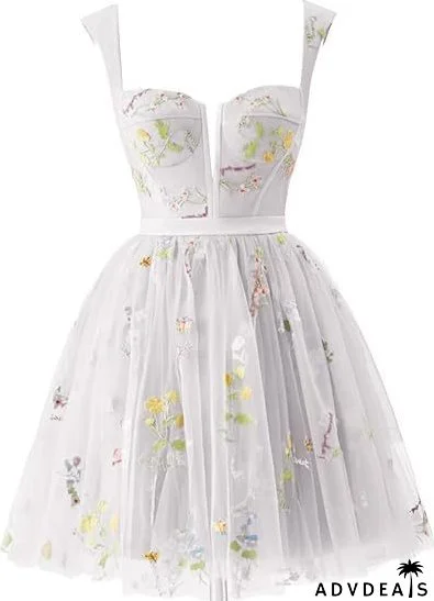 Flower Embroidered Strap A-Line Mesh Short Evening Dress