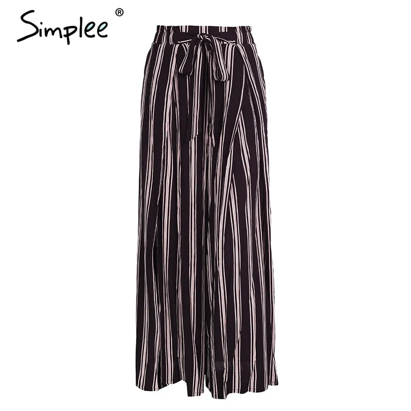 Simplee High waist loose striped summer pants streetware Sexy side split women pants Elastic cotton white wide leg trousers 2018