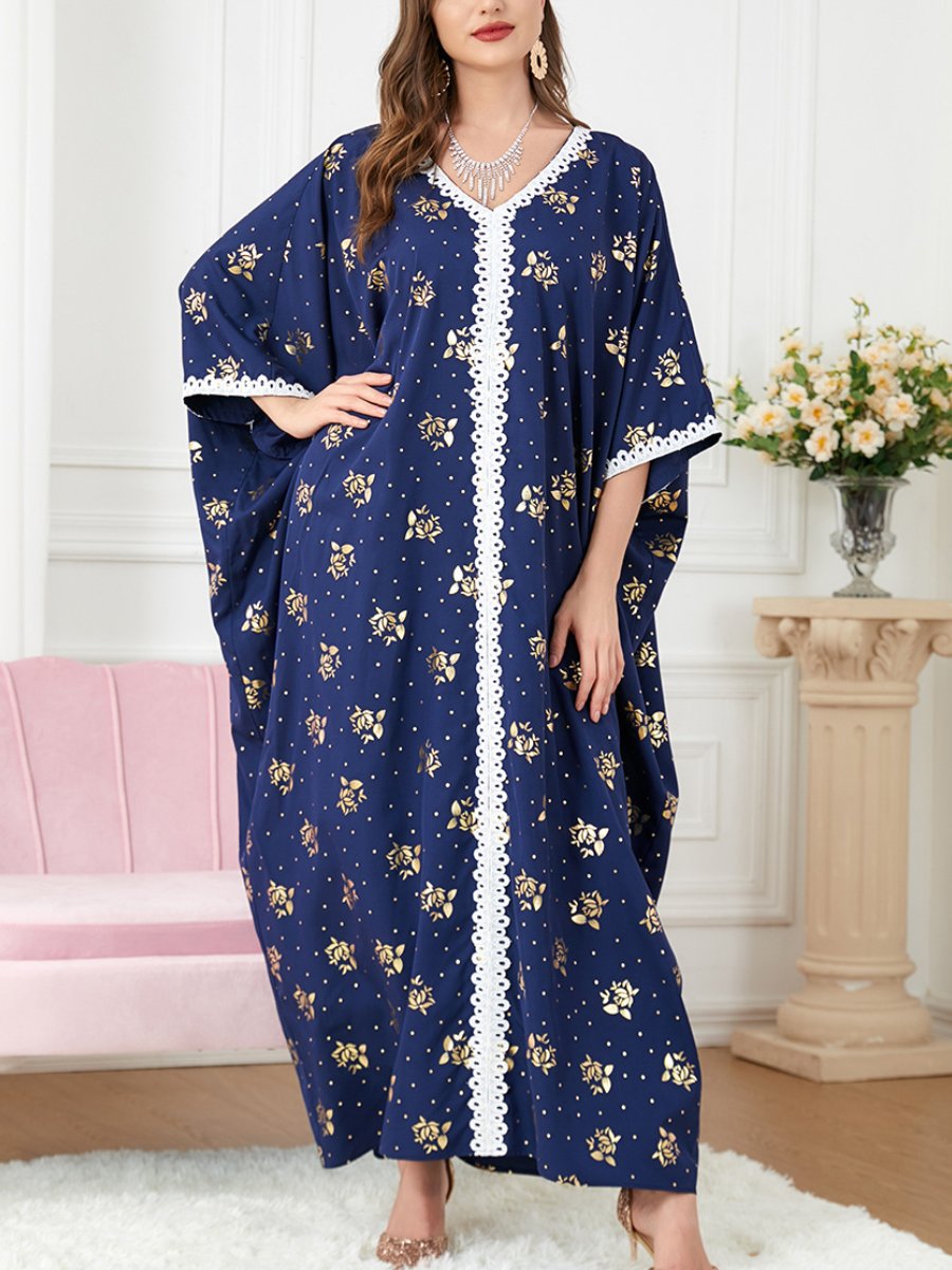 Golden Flowers Lace Design V Neck Half Sleeve Blue Dress | Oxredo Shop Ramadan Sale