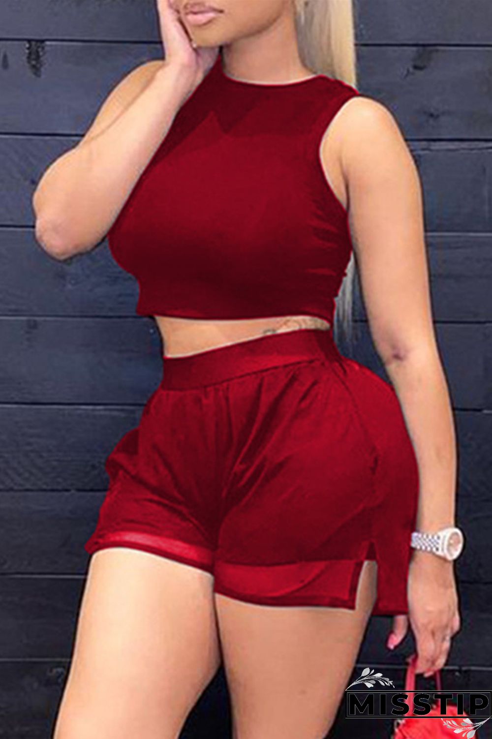 Burgundy Fashion Casual Solid Patchwork O Neck Sleeveless Two Pieces