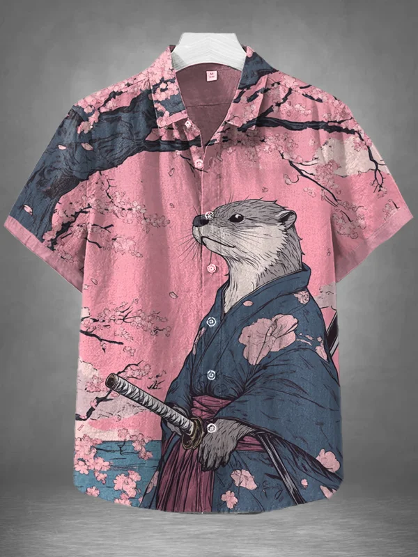 Men's Otter Samurai Holding A Sword Print Short Sleeve Shirt