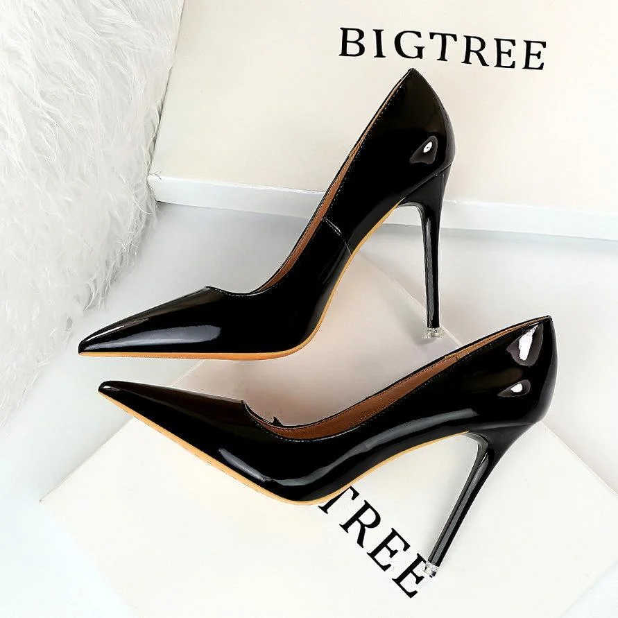 Fashion stiletto shiny patent leather shallow pointy sexy single shoes