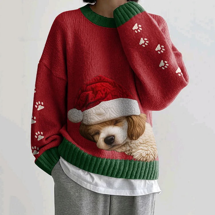 Women's Christmas Dog Print Knitted Pullover Sweater