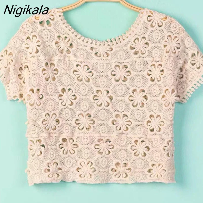 Nigikala Women Hollow Out Cropped All-match Summer Elegant Lady O-neck Short Sleeve Sun-proof Clothing Leisure Female Tops Cozy