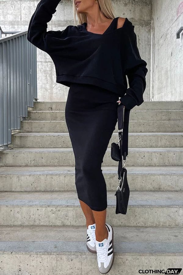 Around The World Hooded Sweatshirt and Slip Maxi Skirt Two Piece Set