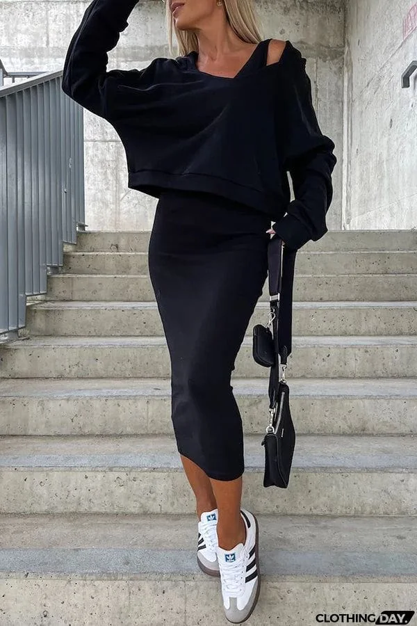 Around The World Hooded Sweatshirt and Slip Maxi Skirt Two Piece Set