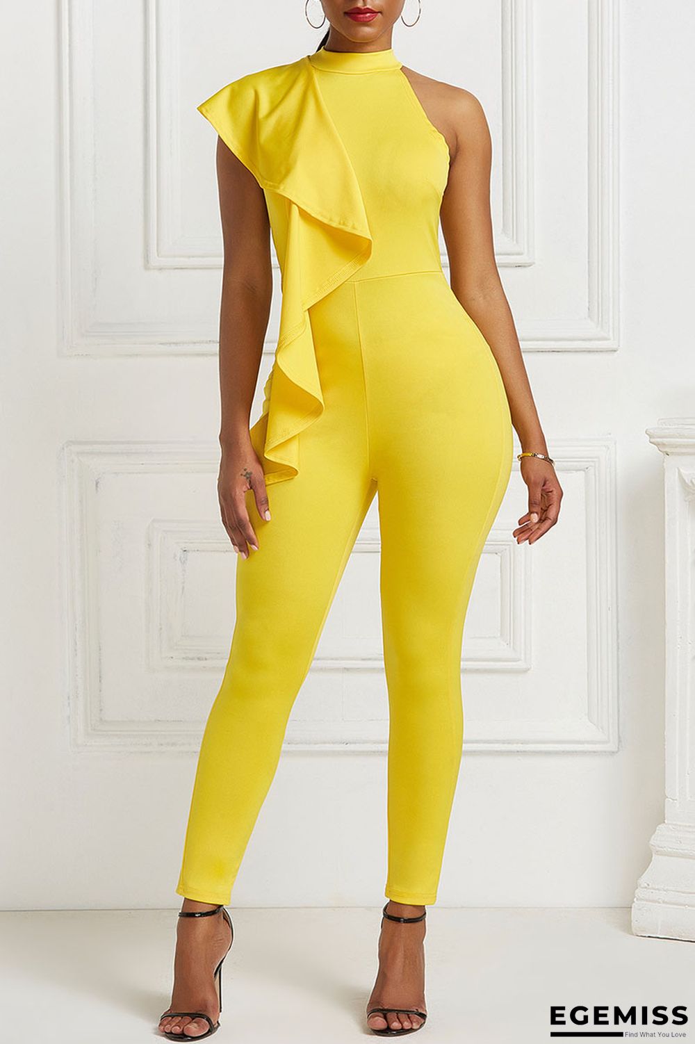 Yellow Fashion Casual Solid Patchwork O Neck Jumpsuits | EGEMISS