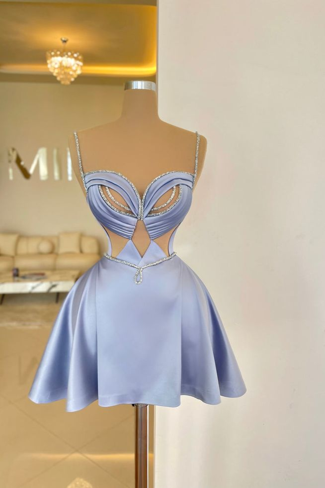 Oknass Spaghetti Straps Sleeveless Short A Line Homecoming Dress With Pleated