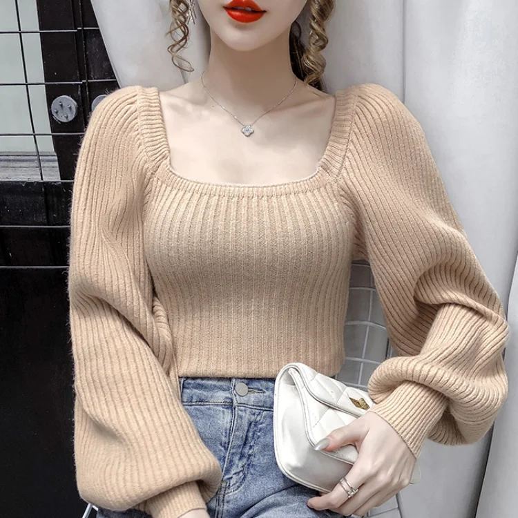 Athvotar Autumn Winter New Korean Slim Lantern Sleeve Fashion Elegant Lazy Wind Sweater Square Collar Design Sweater Women