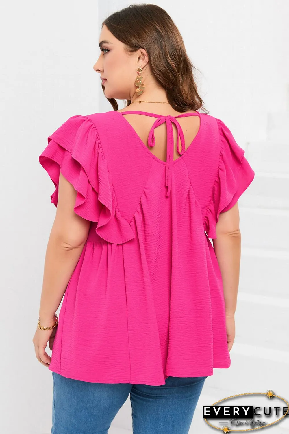 Plus Size Ruffle V Neck Tie Back Tunic Top