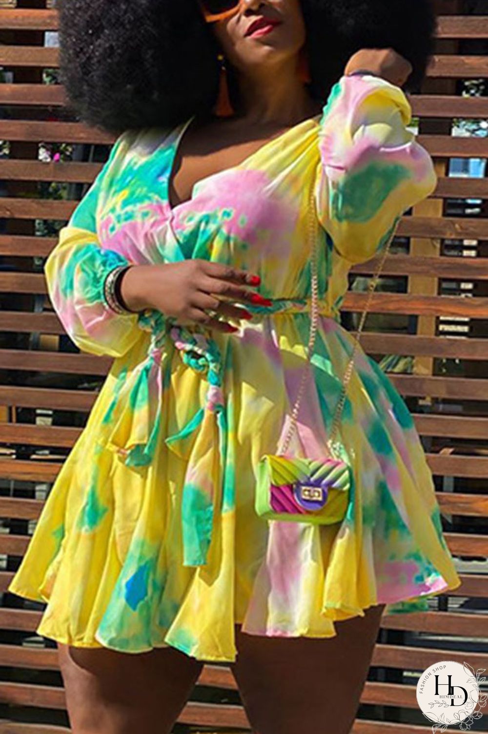 Yellow Sexy Print With Belt V Neck A Line Plus Size