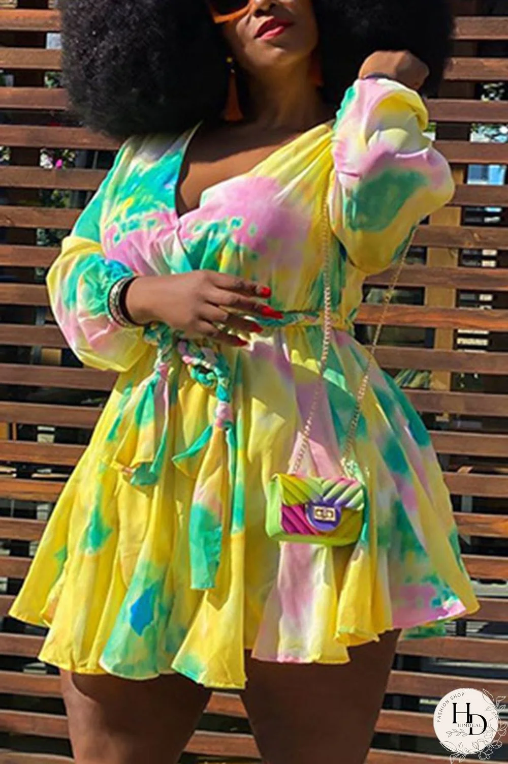 Yellow Sexy Print With Belt V Neck A Line Plus Size