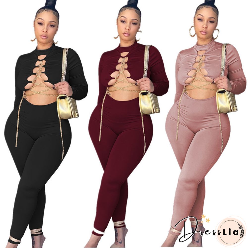 Hollow Out Cross Chain Lace Up Long Sleeve Jumpsuit