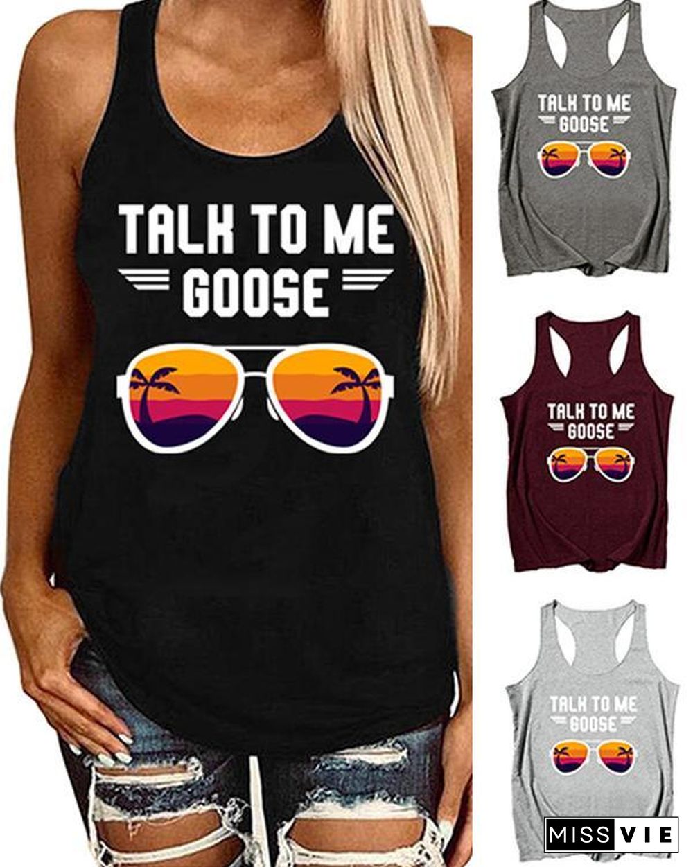Printing Sunglasses Sleeveless Round Neck T-shirt