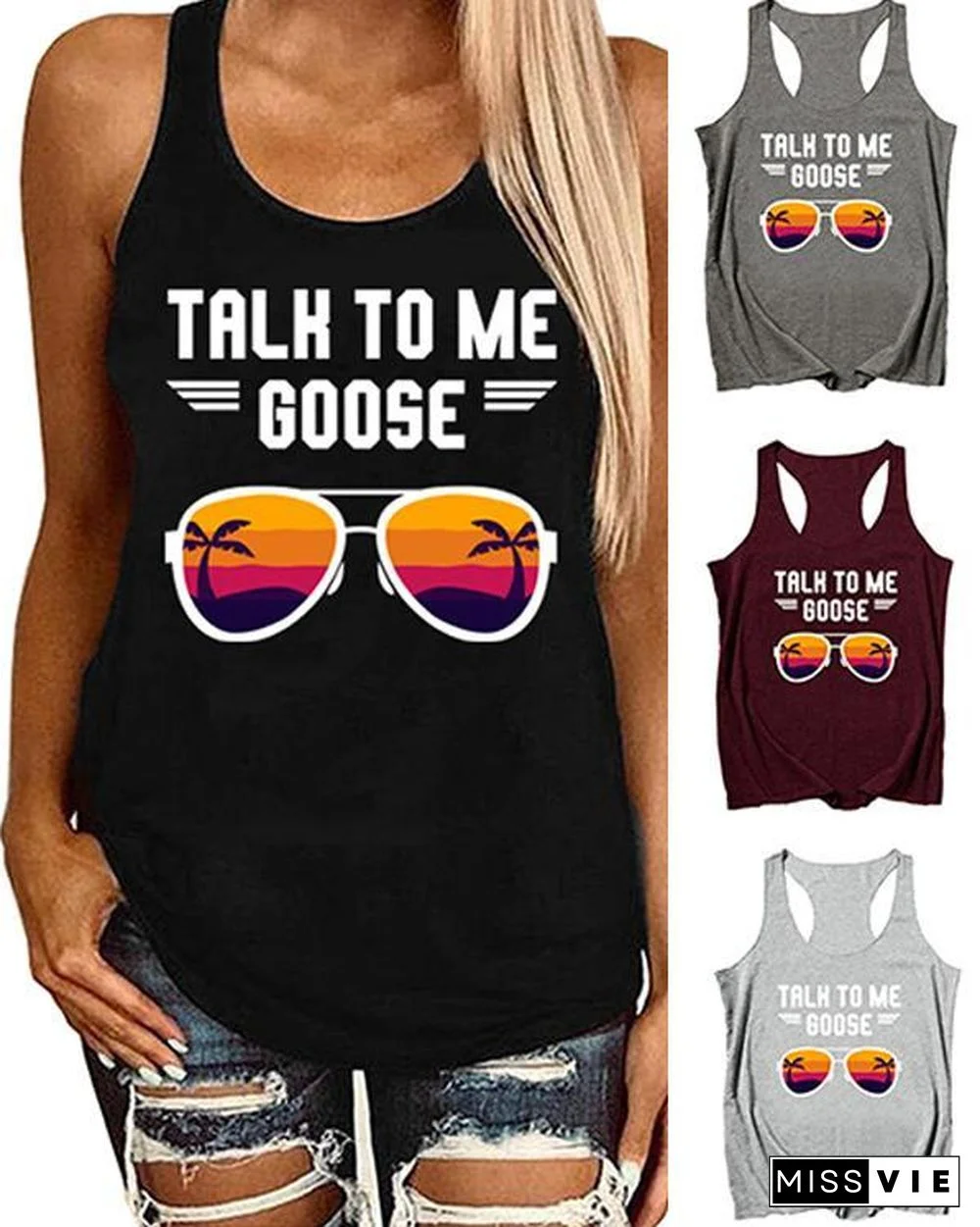Printing Sunglasses Sleeveless Round Neck T-shirt