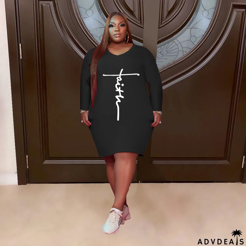 Plus Size Letter Print Long Sleeve Casual Dress