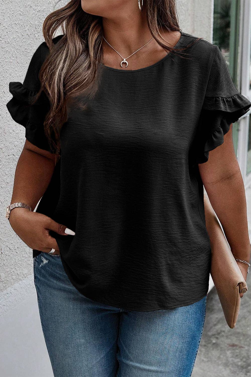 Plus Size Ruffled Round Neck Short Sleeve Blouse | IFYHOME