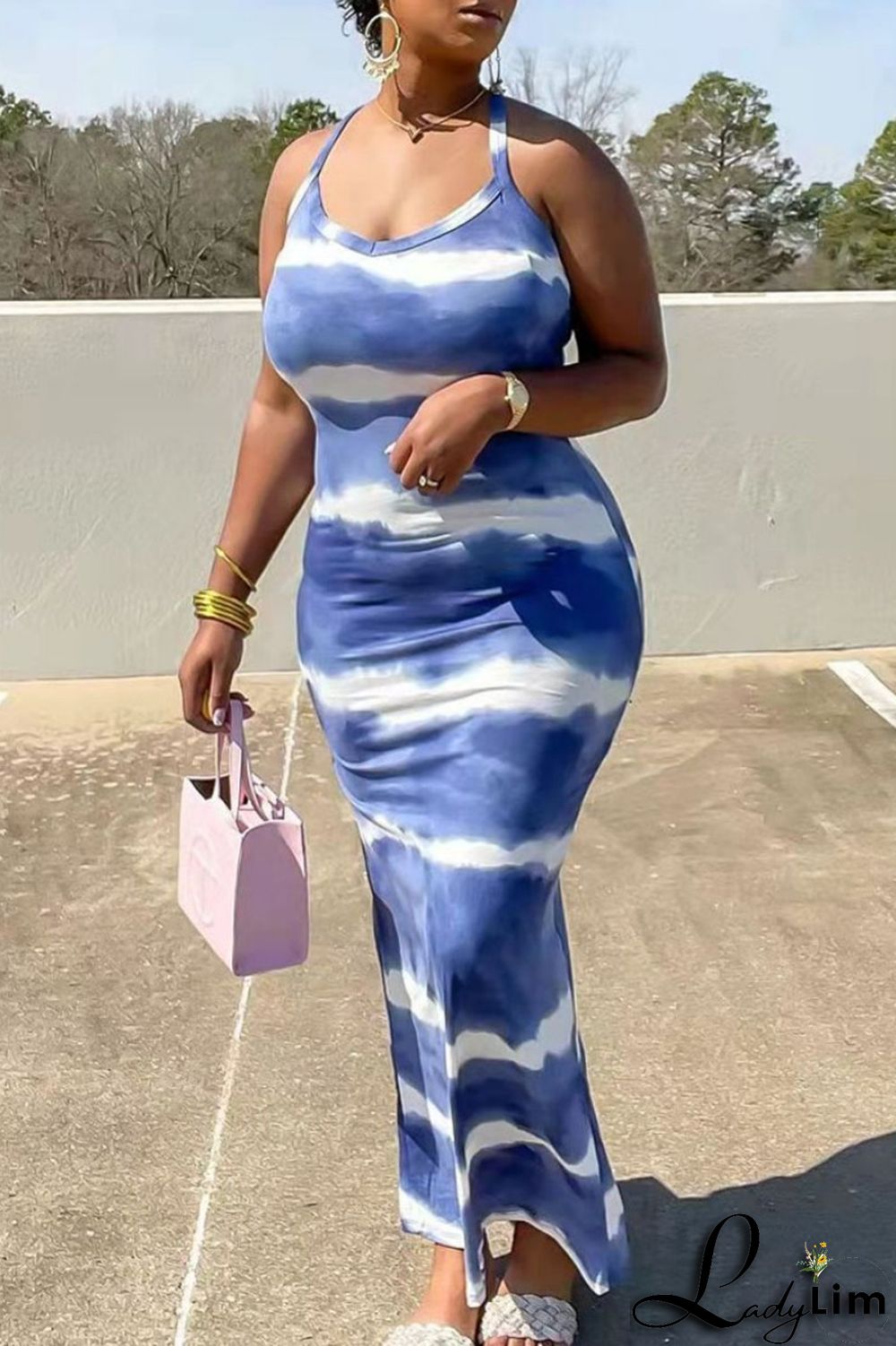 Coffee Fashion Print Backless Spaghetti Strap Long Dress