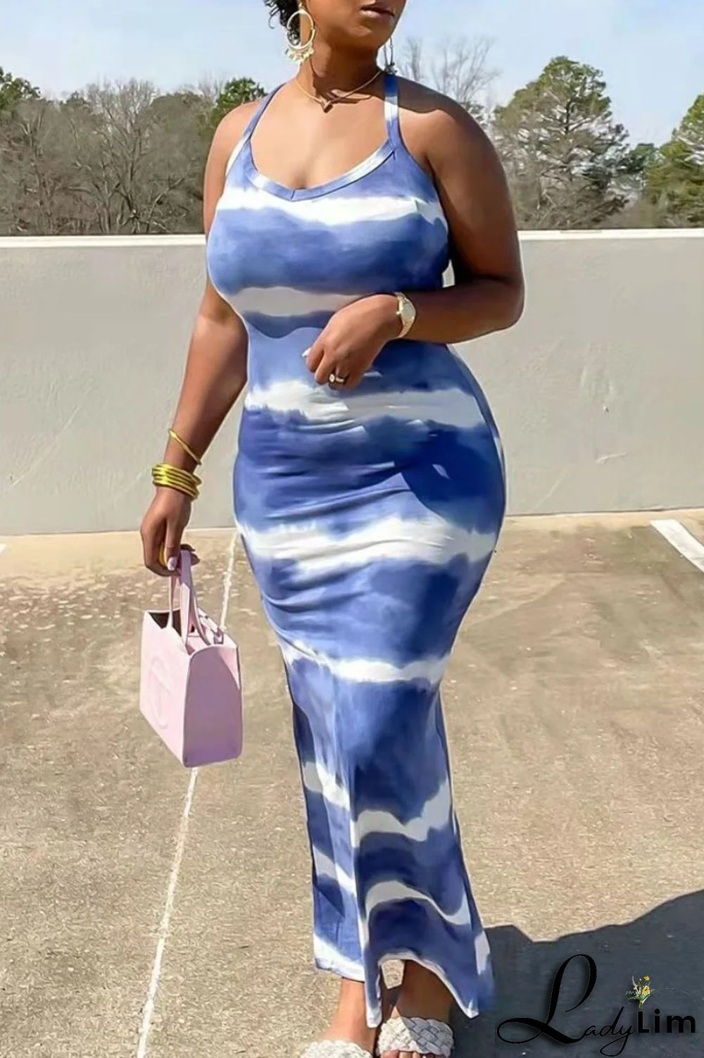 Coffee Fashion Print Backless Spaghetti Strap Long Dress