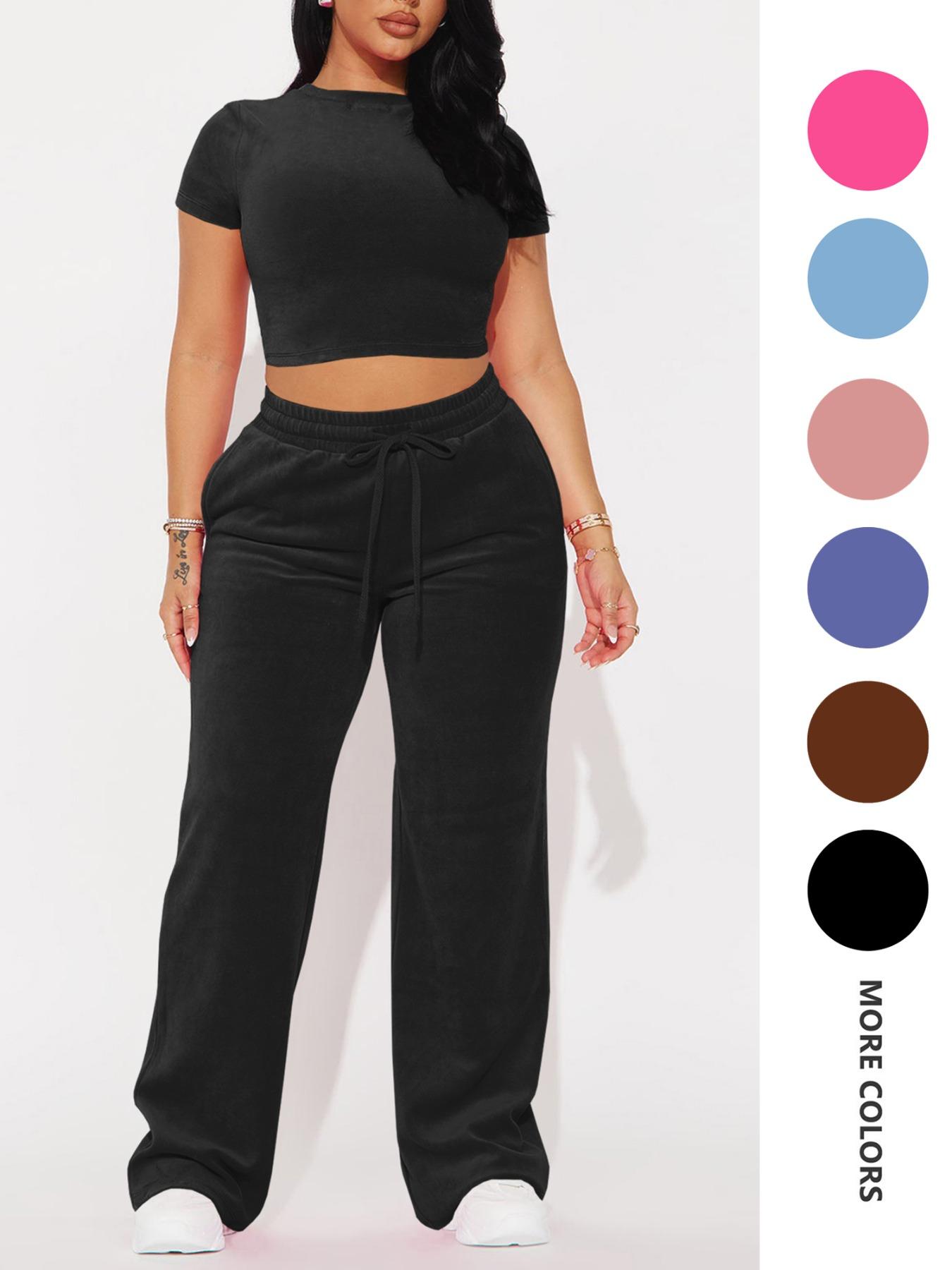 Two-piece Set Women's Solid Crop Tee & Drawstring Waist Pants Velvet Set, Casual Short Sleeve Round Neck T-shirt & Elastic Waist Trousers, Ladies Summer Clothes, Casual Matching Set Two-piece Set Women's Solid Crop Tee & Drawstring Waist Pants Velvet Set, Casual Short Sleeve Round Neck T-shirt & Elastic Waist Trousers, Ladies Summer Clothes, Casual Matching Set