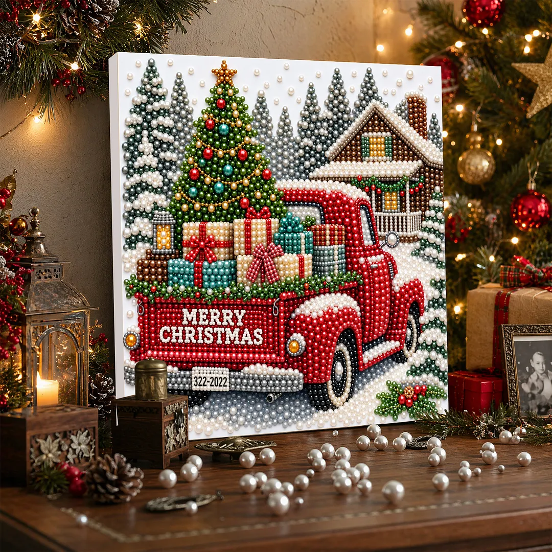 Framed Pearl Painting Kit Christmas Red Pickup Truck 20x20cm