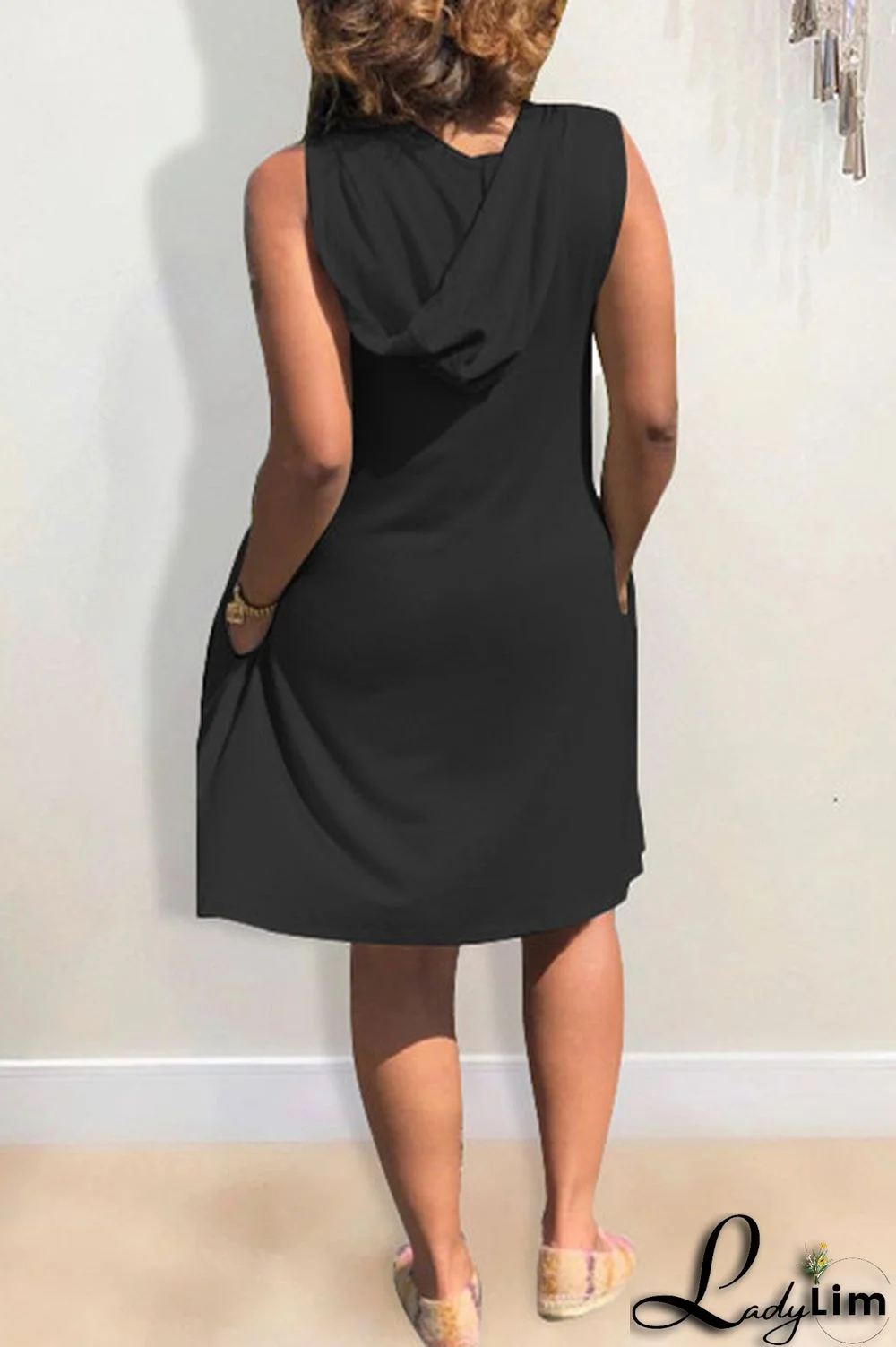 Light Blue Fashion Casual Print Basic Hooded Collar Sleeveless Dress Dresses