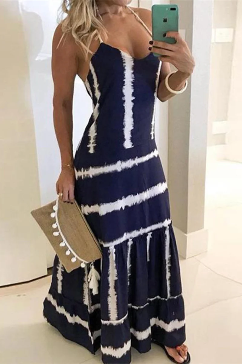 Navy Blue Fashion Sexy Plus Size Print Backless Spaghetti Strap Long Dress