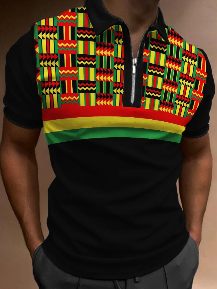 Men's Africa Ethnic Kente Rasta Stripe Polo Shirt