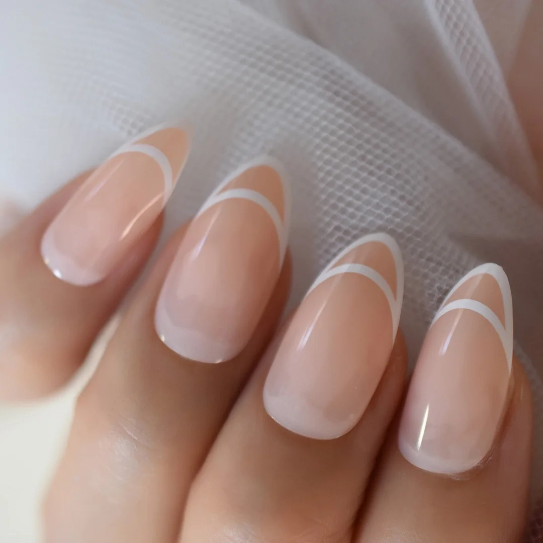 Double Smile Line French Nail Nude Natural Color Artificial Press On Nails for Lady Almond Medium Size Manicure Tips 24 CT-Nail Inspo