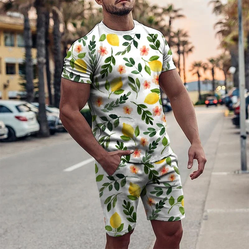 白色 Men's white lemon print round collar short sleeve suit.jpg 白色 Men's white lemon print round collar short sleeve suit.jpg
