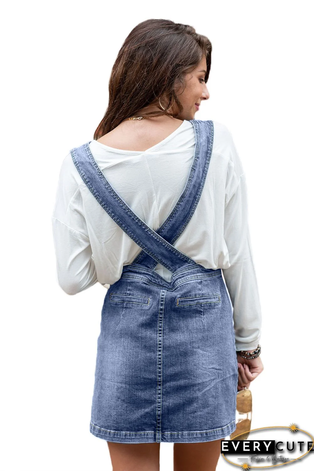 Thigh High Washed Denim Dungarees Skirt Dress