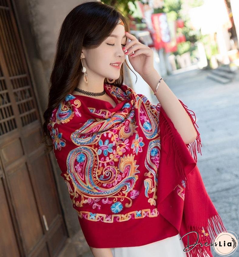 Tibetan and Nepal embroidered flower imitation cashmere scarf for women outside with sunscreen air-conditioning shawl