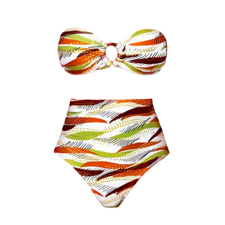 Flaxmaker Bandeau Printed High Waist Bikini Swimsuit
