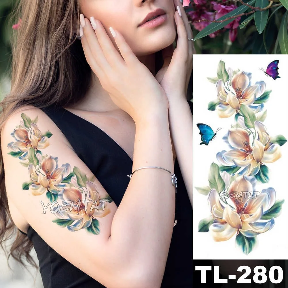 Sdrawing Watercolor Rose Lily Flower Waterproof Tattoo Stickers Women Body Chest Art Temporary Tatto Girl Waist 3D Flowers Tatoo