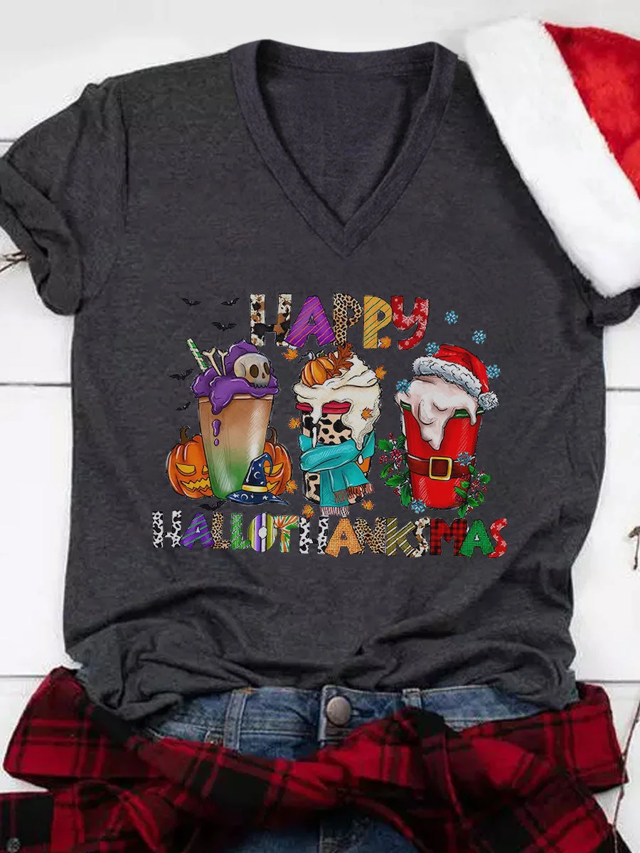 Happy Hallothanksmas Coffee Print V-Neck T-Shirt