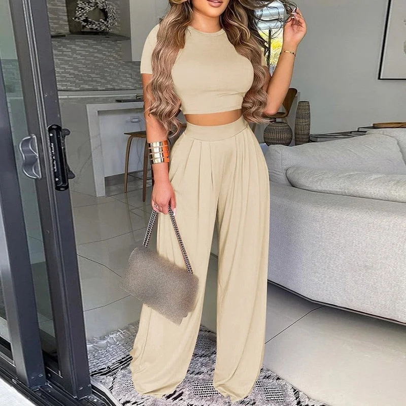 Sexy Summer Women Crop Tops Wide Leg Sports Suits Casual Lady Short Sleeve Pullover Full Pants Set Elegant Femme Houseware Suits