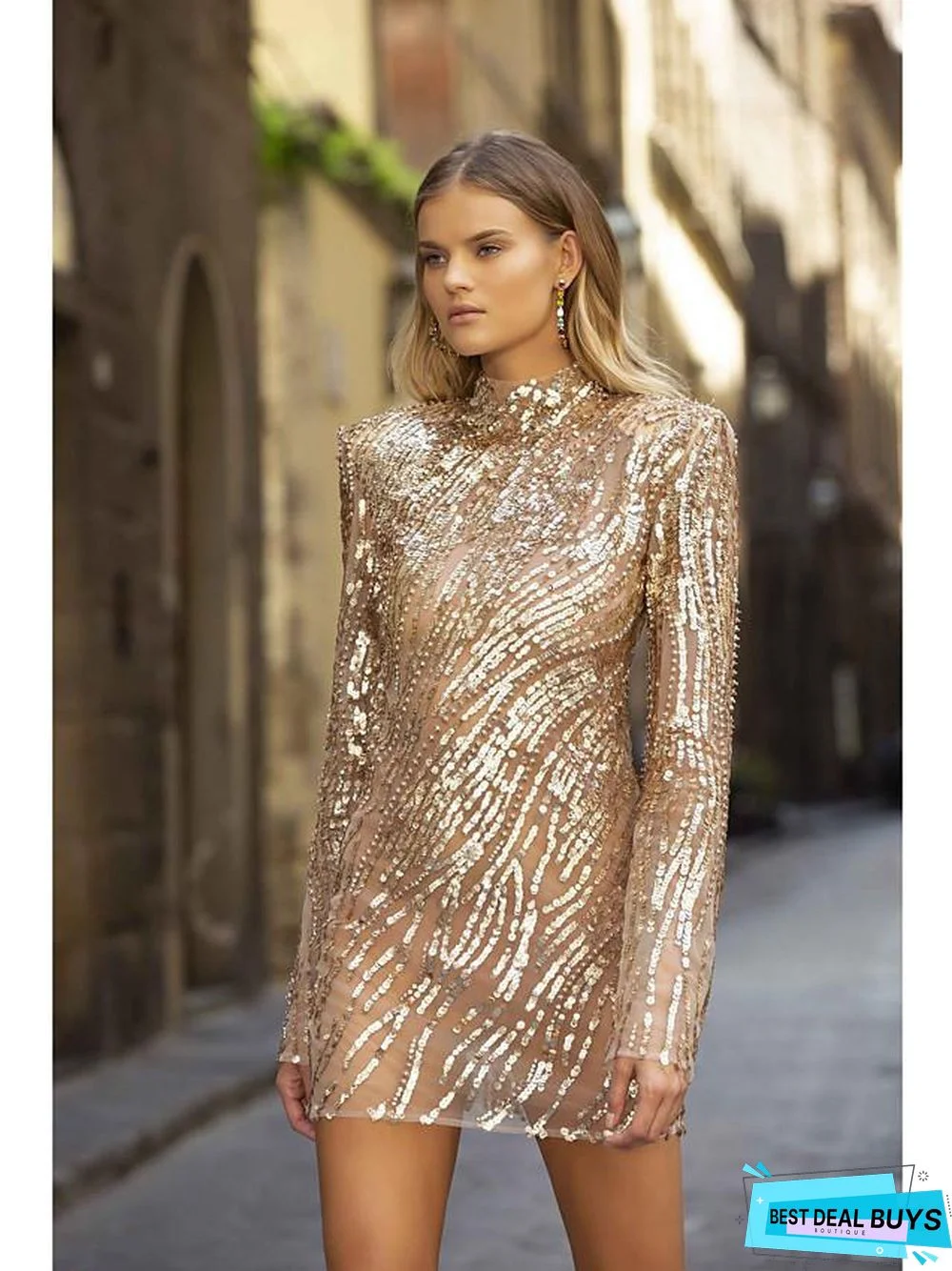 Women's Sheath Dress Short Mini Dress Gold Long Sleeve Solid Color Sequins Winter Round Neck Elegant Sexy
