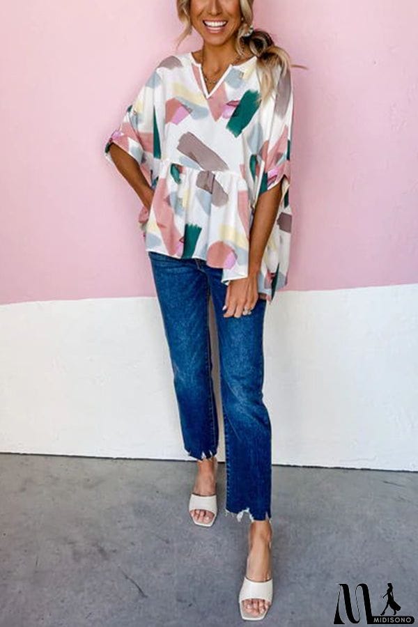 MidiSono - Print Cuffed Sleeves Peplum Blouse