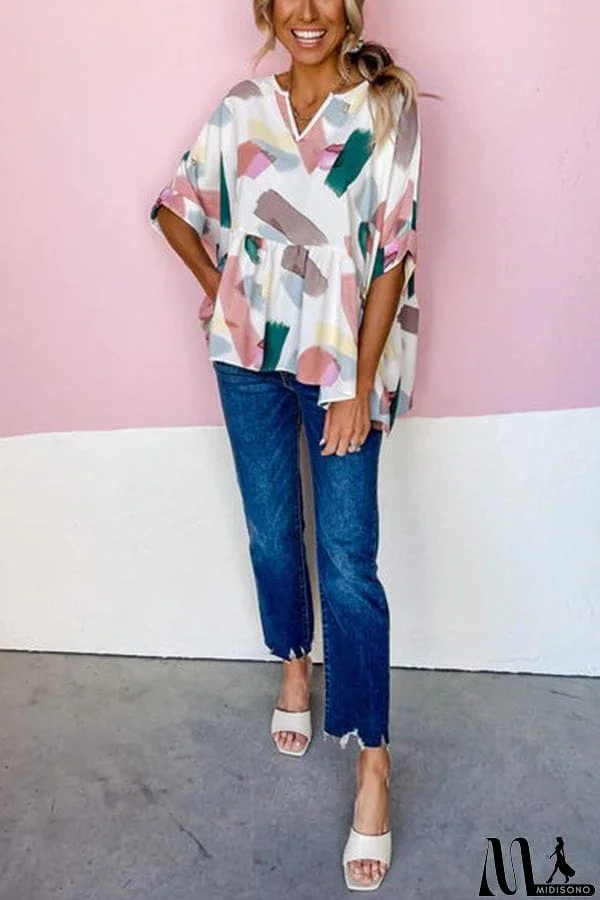 MidiSono - Print Cuffed Sleeves Peplum Blouse