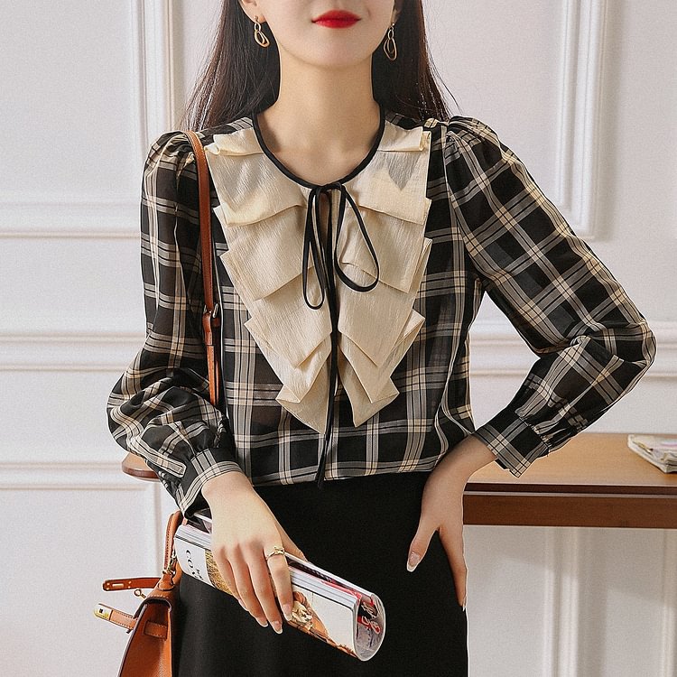 Grid Long Sleeve Paneled Vintage Shift Shirts & Tops