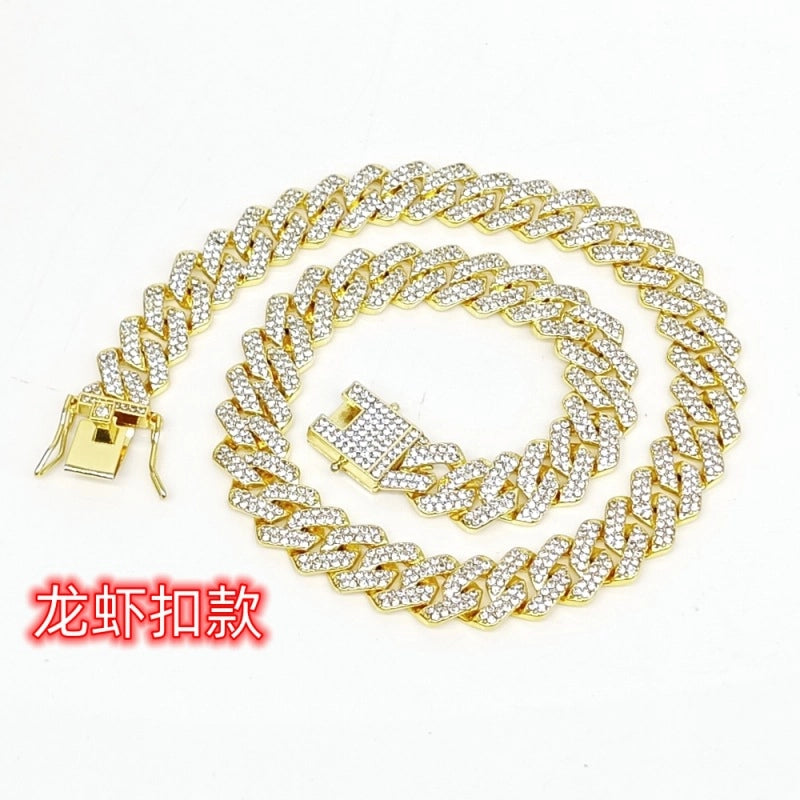 Hip-hop 14mm Full Diamond Men’s Encrypted Diamond Cuban Chain Necklace Hipster Exaggerated Domineering Clavicle Chain Accessories
